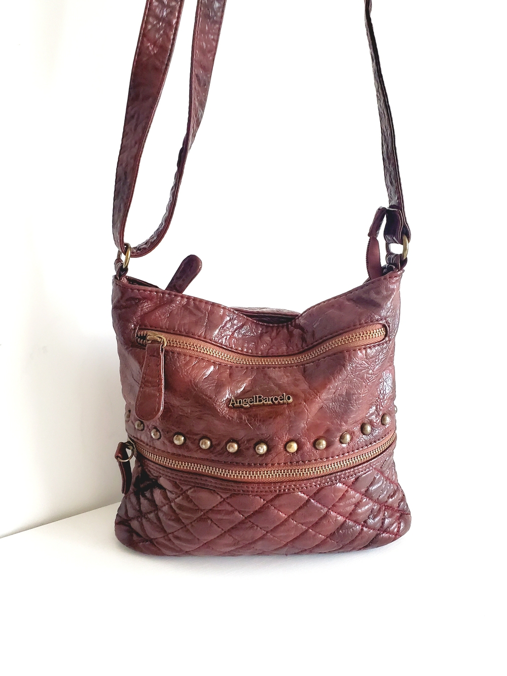 Wine Quilted Crossbody Bag with Stud Detail